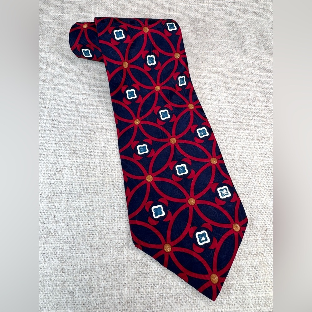 Erreuno Milano Men's Silk Necktie‎ Geometric Modern blue red art deco, business